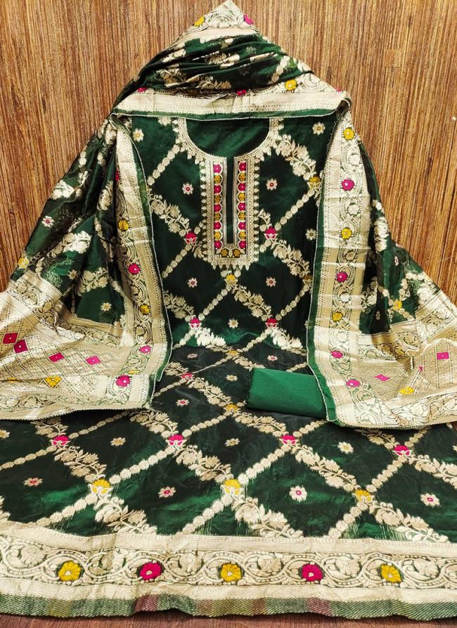 Chanderi Bottle Green Festival Wear Jacquard Dress Material
